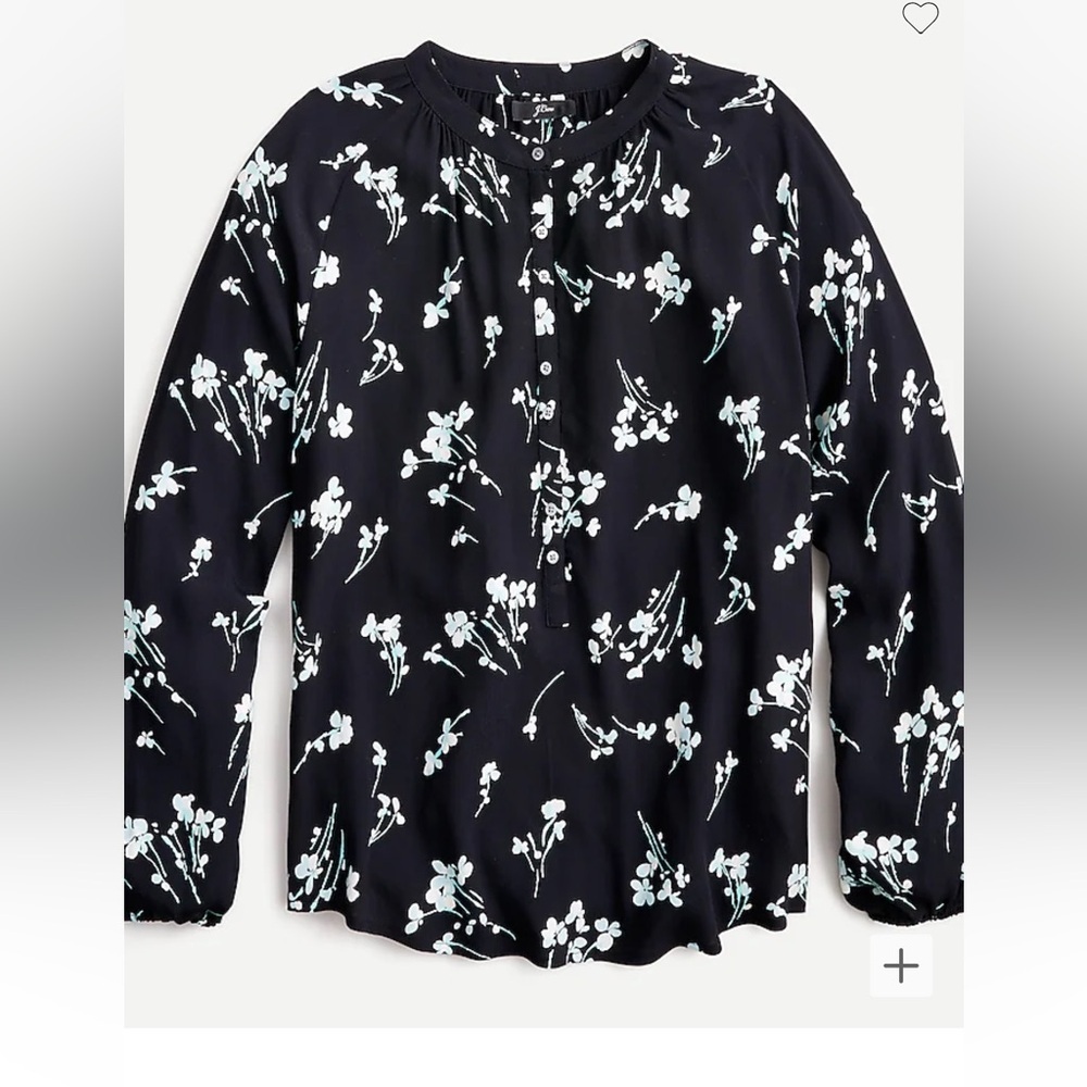J. Crew Reimagined Popover Blouse 1/4 Button-Up Long-Sleeve Black Floral W's XL